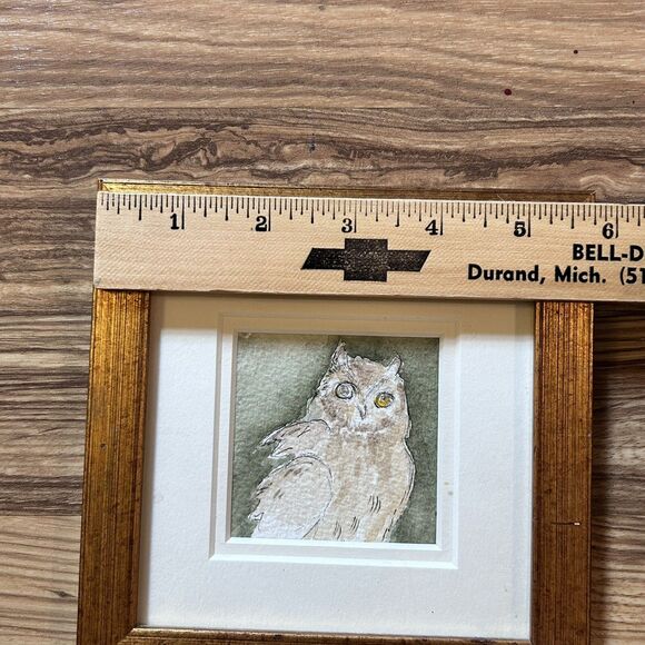 Mini Owl Watercolor Painting Gold Gilt Frame Square 6 x 6 Handmade Drawing OOAK - Picture 4 of 6